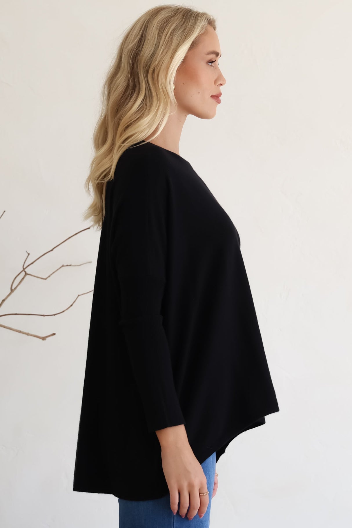 Belinda Knit Top - Boat Neckline Boxy Batwing Top in Black