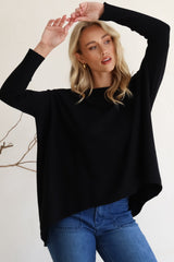 Belinda Knit Top - Boat Neckline Boxy Batwing Top in Black