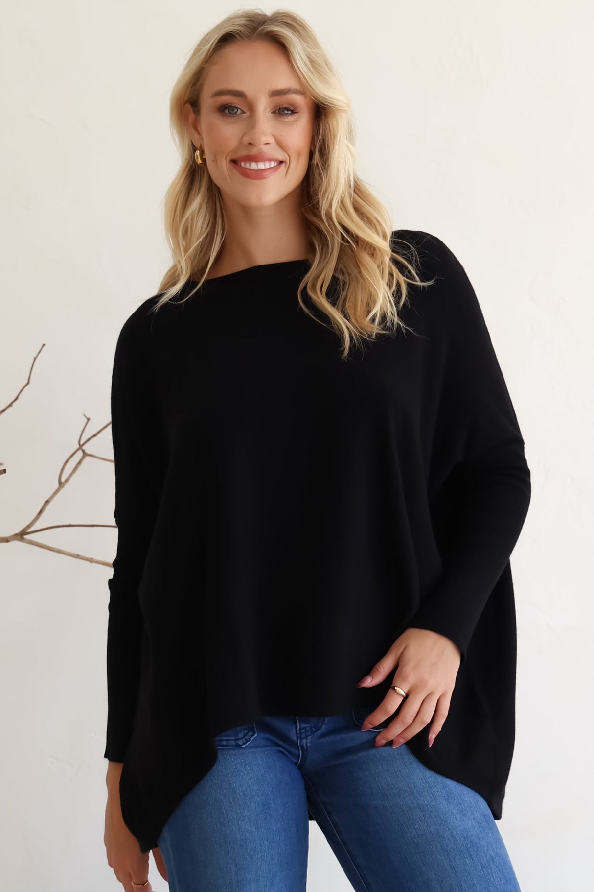 Belinda Knit Top - Boat Neckline Boxy Batwing Top in Black