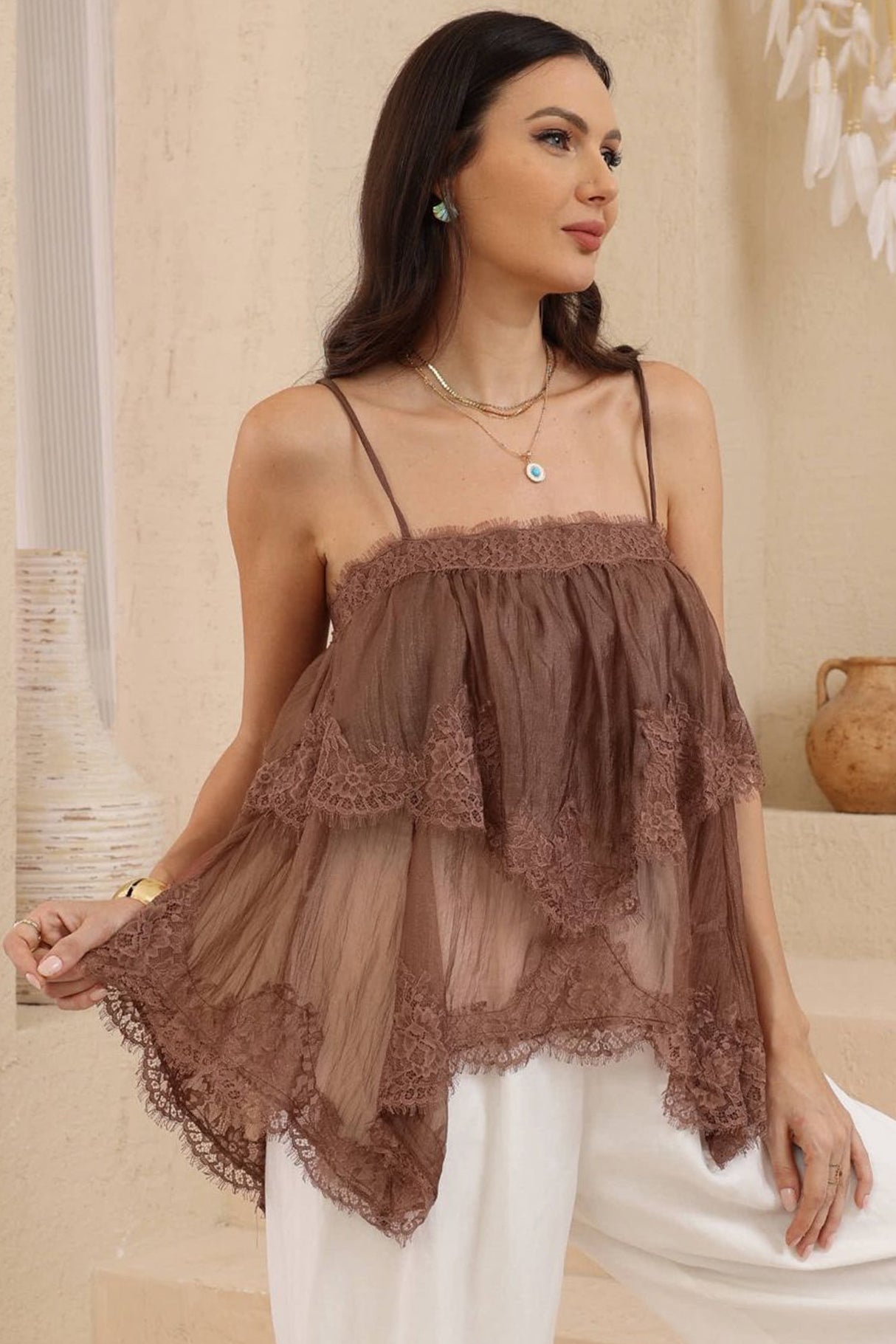 Belissa Cami - Adjustable Strap Tiered Handkercheif Lace Top in Chocolate