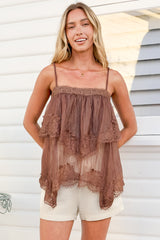 Belissa Cami - Adjustable Strap Tiered Handkercheif Lace Top in Chocolate