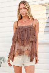 Belissa Cami - Adjustable Strap Tiered Handkercheif Lace Top in Chocolate