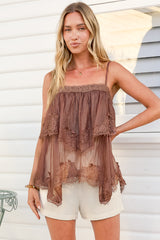 Belissa Cami - Adjustable Strap Tiered Handkercheif Lace Top in Chocolate