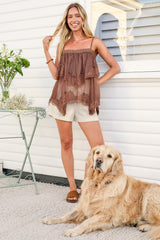 Belissa Cami - Adjustable Strap Tiered Handkercheif Lace Top in Chocolate
