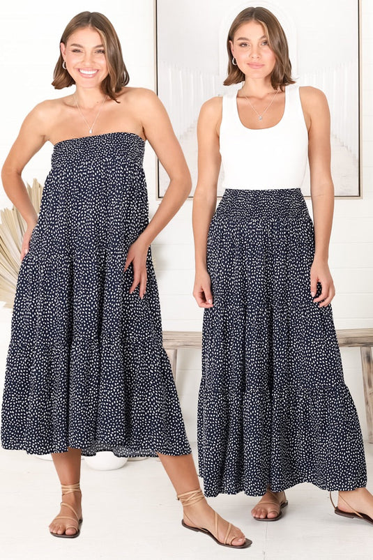 Bell Maxi Skirt/Midi Dress - Shirred Waistband Tiered Skirt or Dress in Teardrop Print