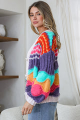Bellamy Cardigan - Button Front V Neck Multicoloured Stripe Knit in Pink