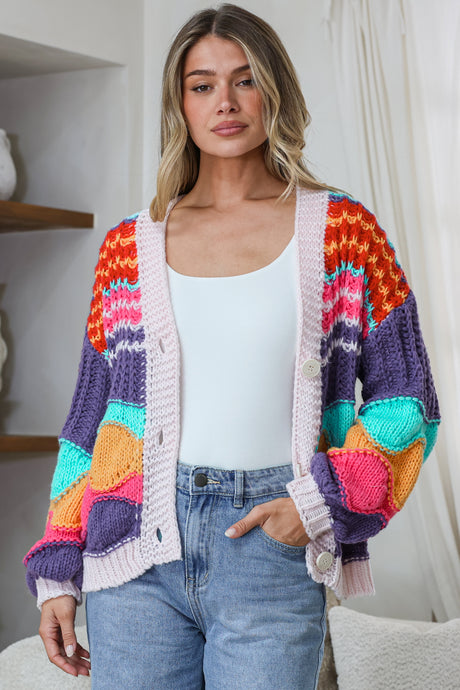 Model wearing Bellamy Cardigan in Pink from Salty Crush