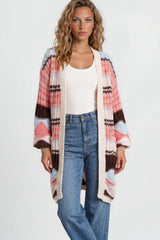 Model wearing Bellatrix Cardigan in Chocolate/Pink from Salty Crush