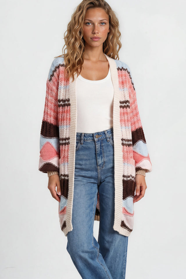 Model wearing Bellatrix Cardigan in Chocolate/Pink from Salty Crush