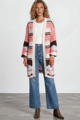 Model wearing Bellatrix Cardigan in Chocolate/Pink from Salty Crush