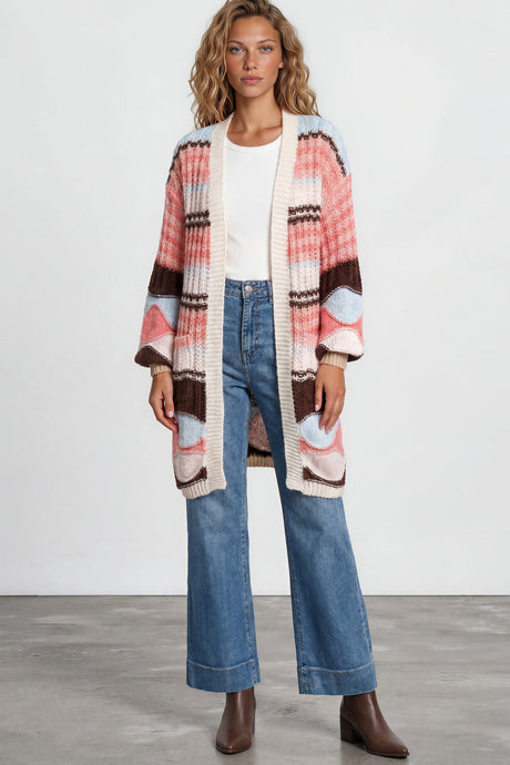 Model wearing Bellatrix Cardigan in Chocolate/Pink from Salty Crush
