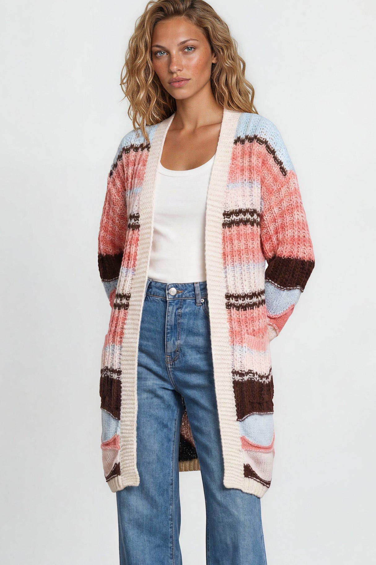 Model wearing Bellatrix Cardigan in Chocolate/Pink from Salty Crush
