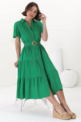 Belle Midi Dress - Button Down Collared Dress With Statement Belt In Green