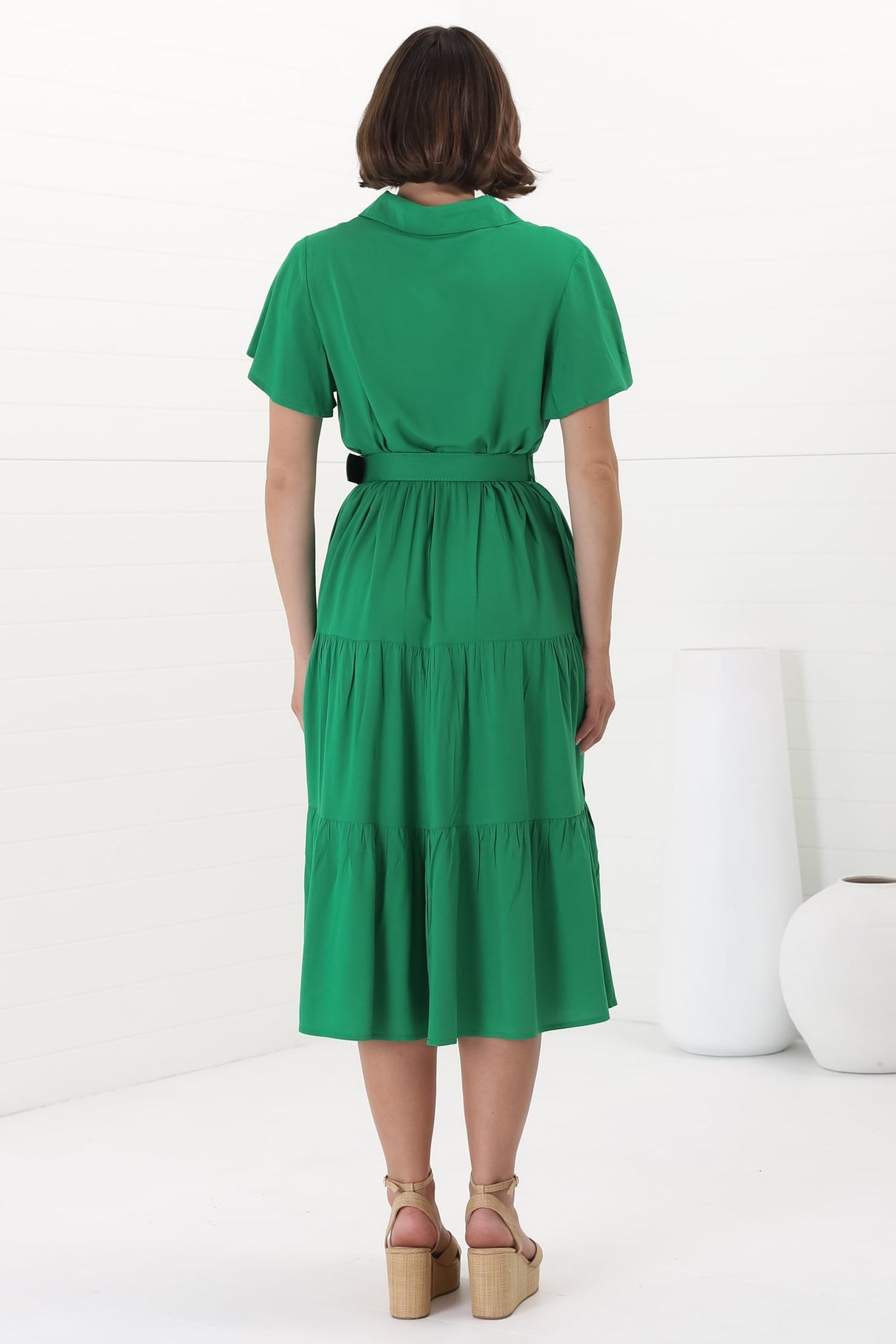 Belle Midi Dress - Button Down Collared Dress With Statement Belt In Green