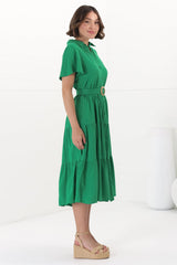 Belle Midi Dress - Button Down Collared Dress With Statement Belt In Green