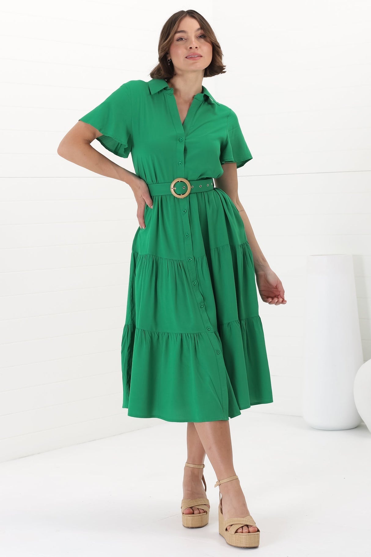 Belle Midi Dress - Button Down Collared Dress With Statement Belt In Green