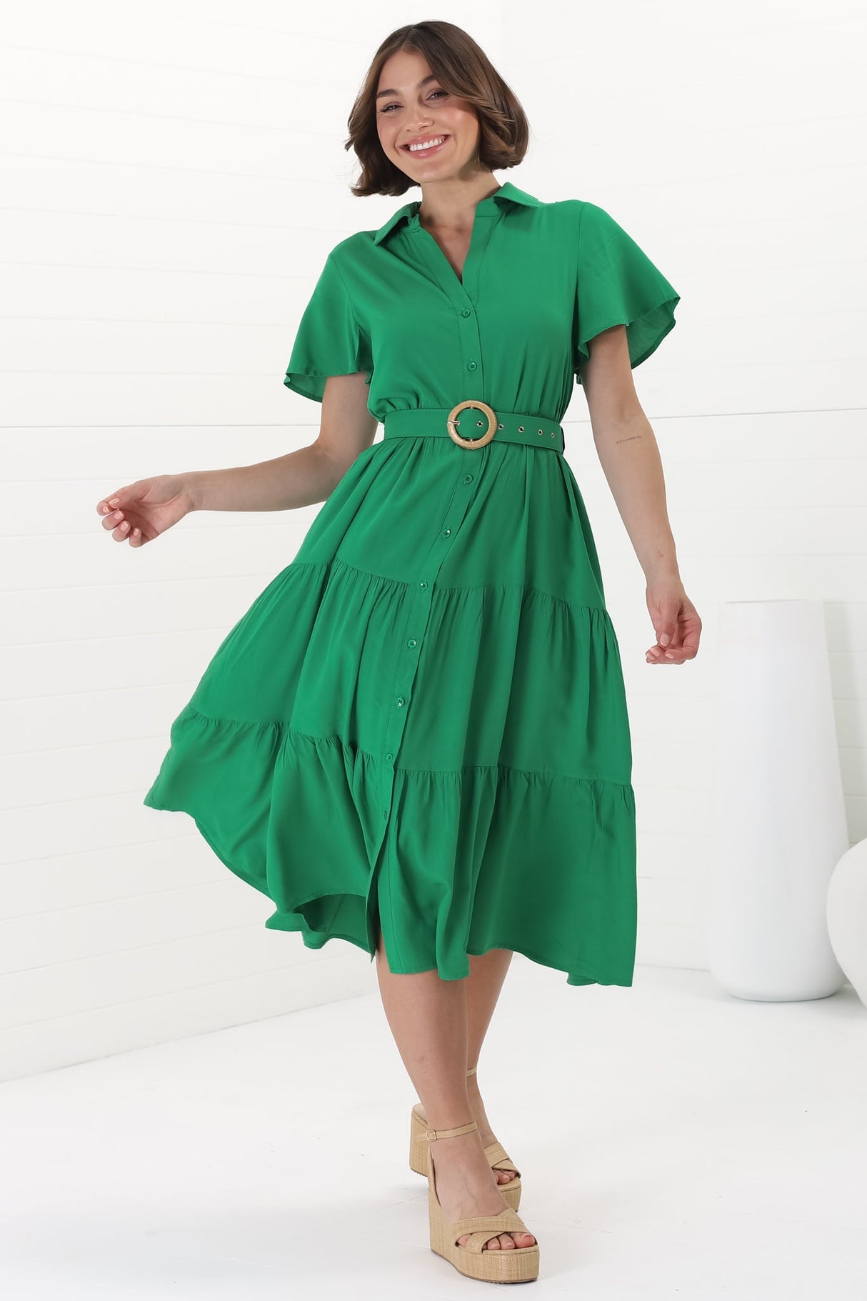 Belle Midi Dress - Button Down Collared Dress With Statement Belt In Green