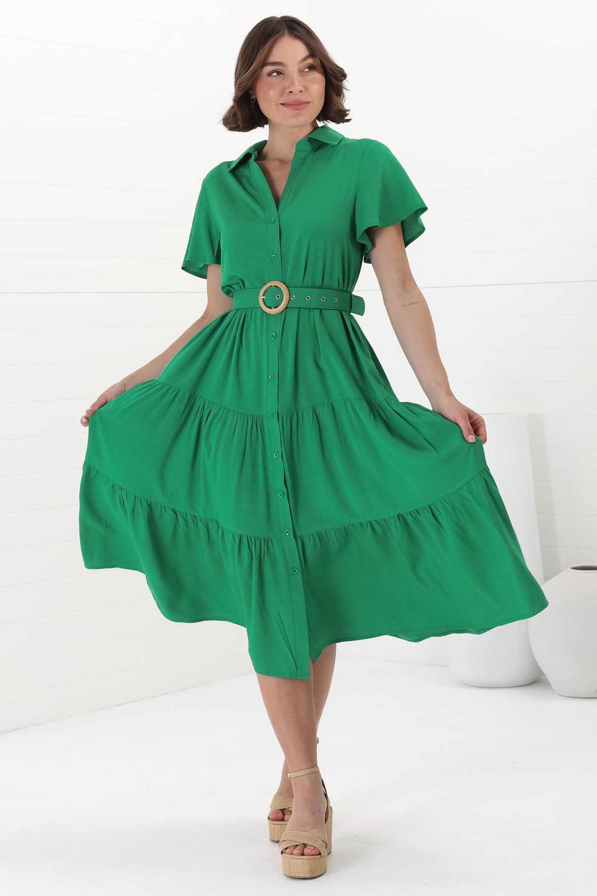 Belle Midi Dress - Button Down Collared Dress With Statement Belt In Green