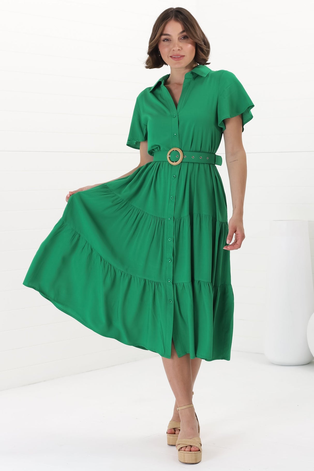 Belle Midi Dress - Button Down Collared Dress With Statement Belt In Green