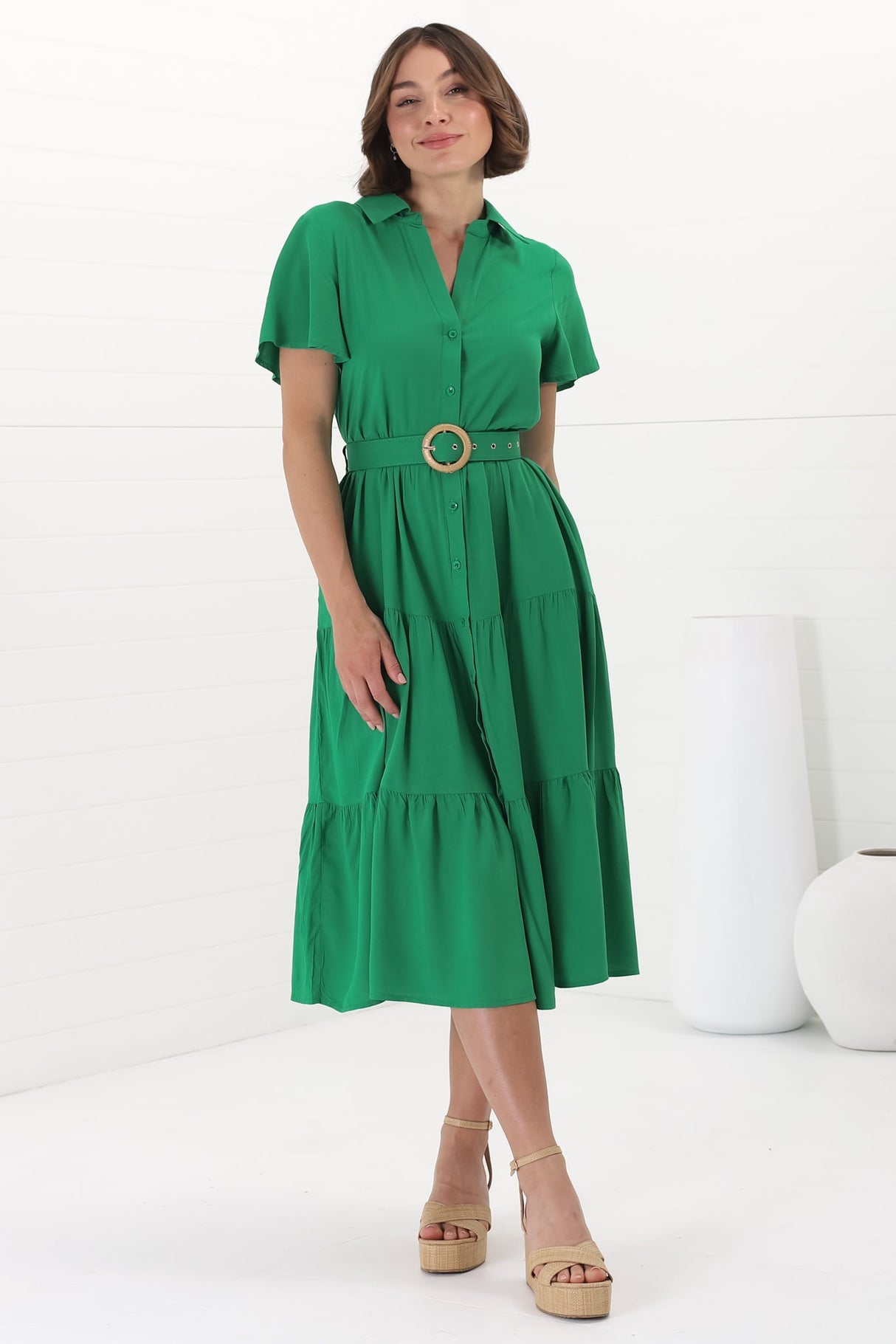 Belle Midi Dress - Button Down Collared Dress With Statement Belt In Green