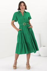 Belle Midi Dress - Button Down Collared Dress With Statement Belt In Green