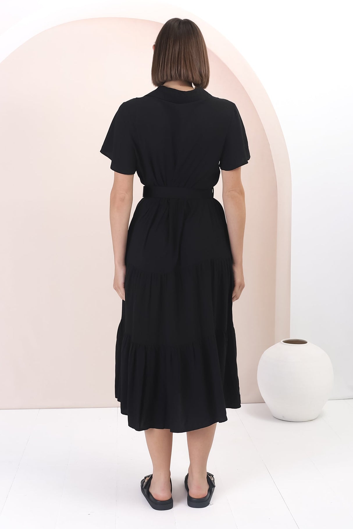 Belle Midi Dress - Button Down Collared Dress With Statement Belt In Black