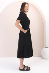 Belle Midi Dress - Button Down Collared Dress With Statement Belt In Black