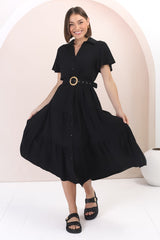 Belle Midi Dress - Button Down Collared Dress With Statement Belt In Black