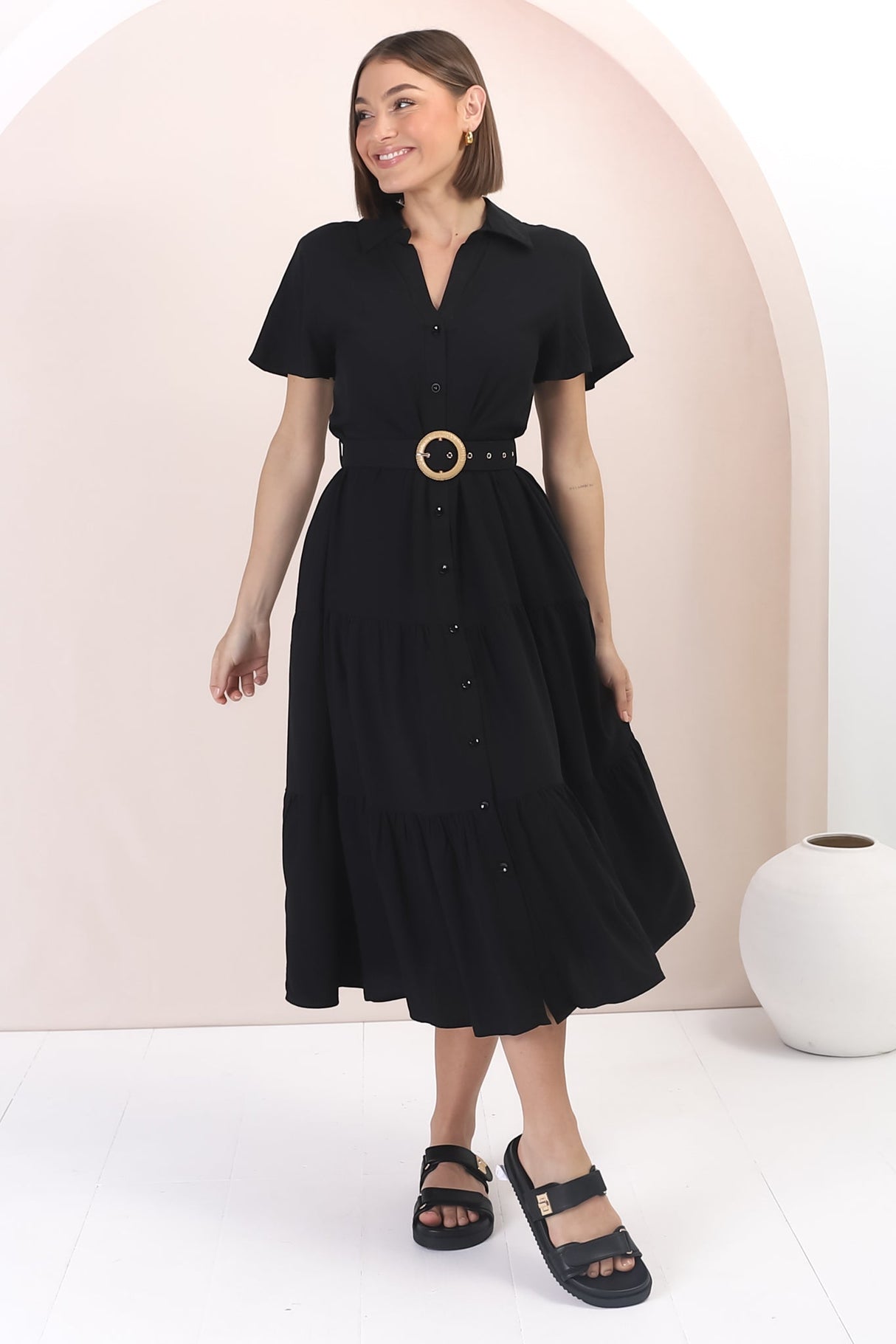 Belle Midi Dress - Button Down Collared Dress With Statement Belt In Black