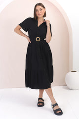 Belle Midi Dress - Button Down Collared Dress With Statement Belt In Black