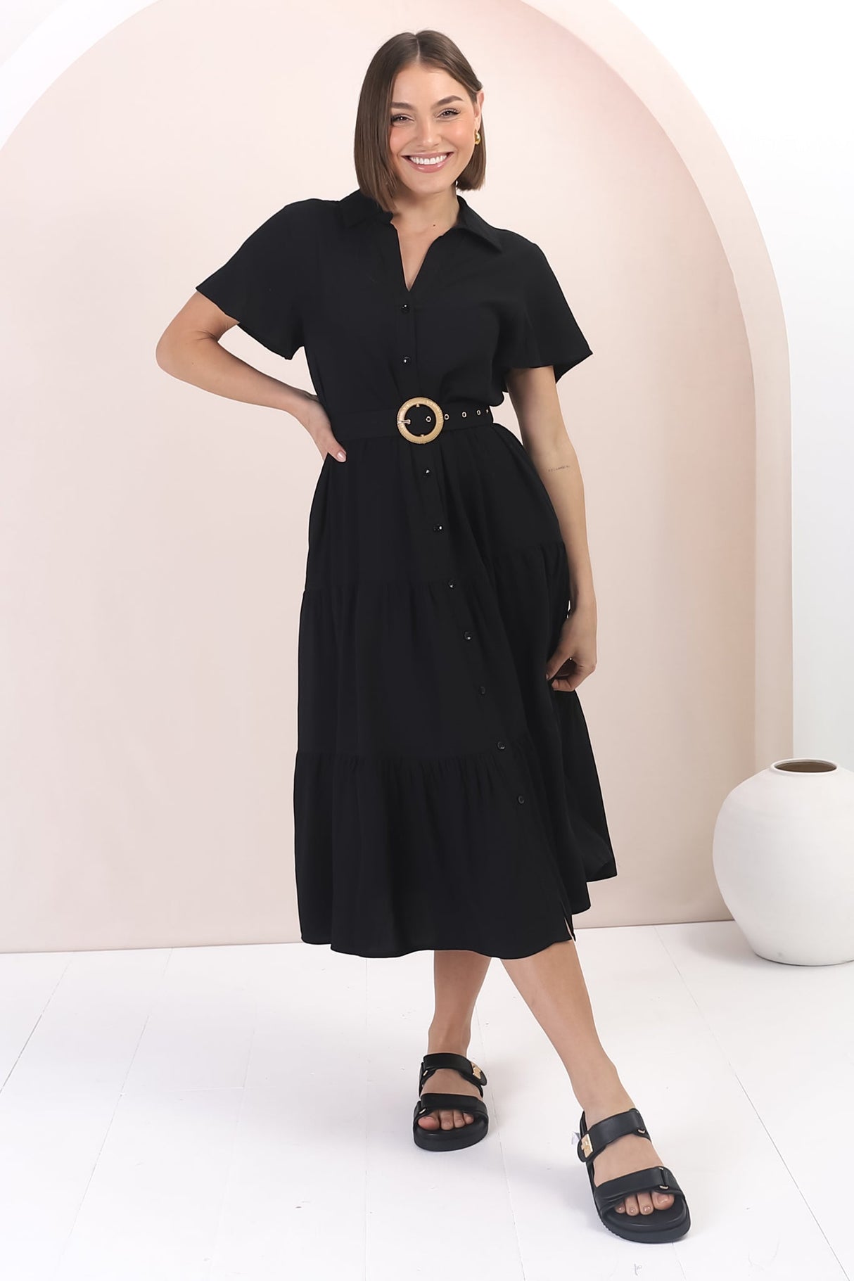 Belle Midi Dress - Button Down Collared Dress With Statement Belt In Black