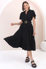 Belle Midi Dress - Button Down Collared Dress With Statement Belt In Black