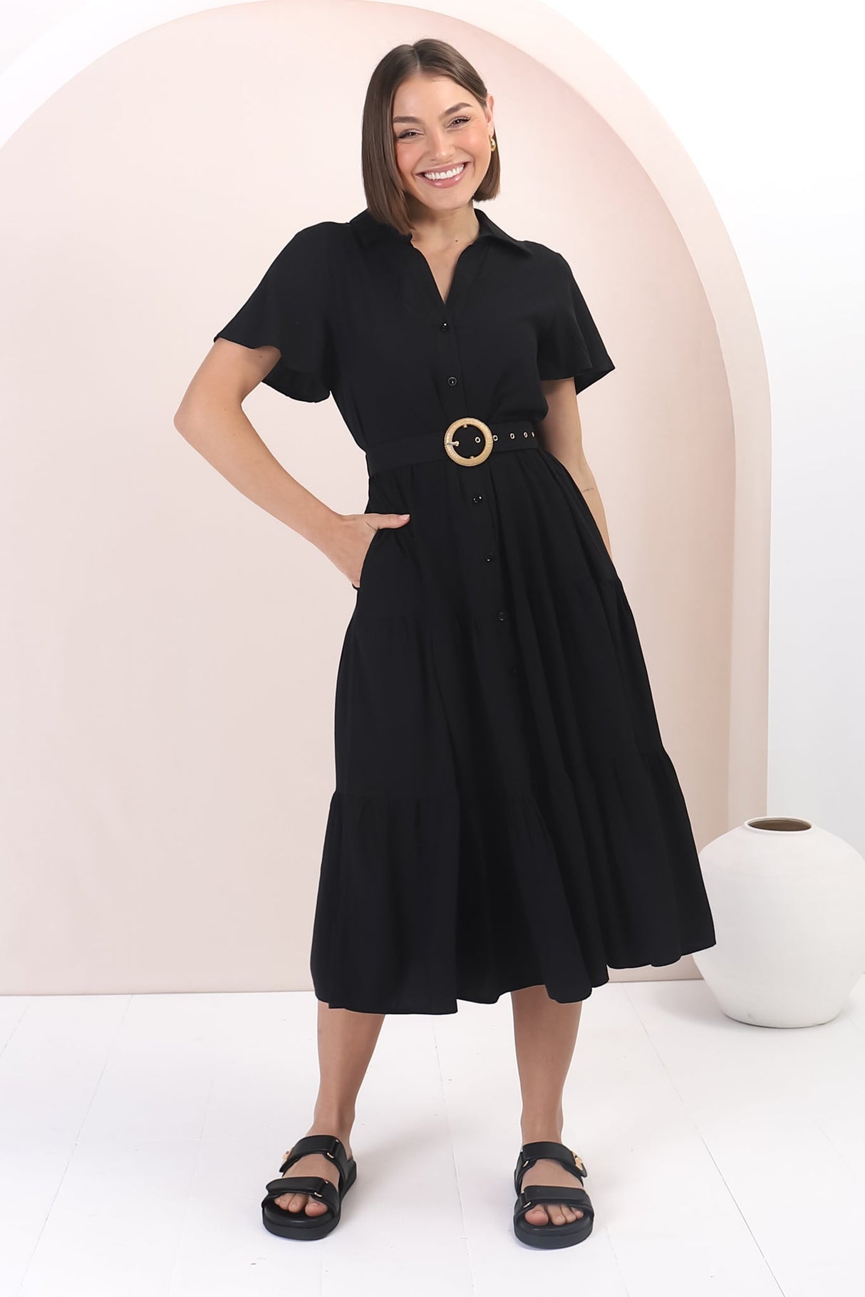 Belle Midi Dress - Button Down Collared Dress With Statement Belt In Black