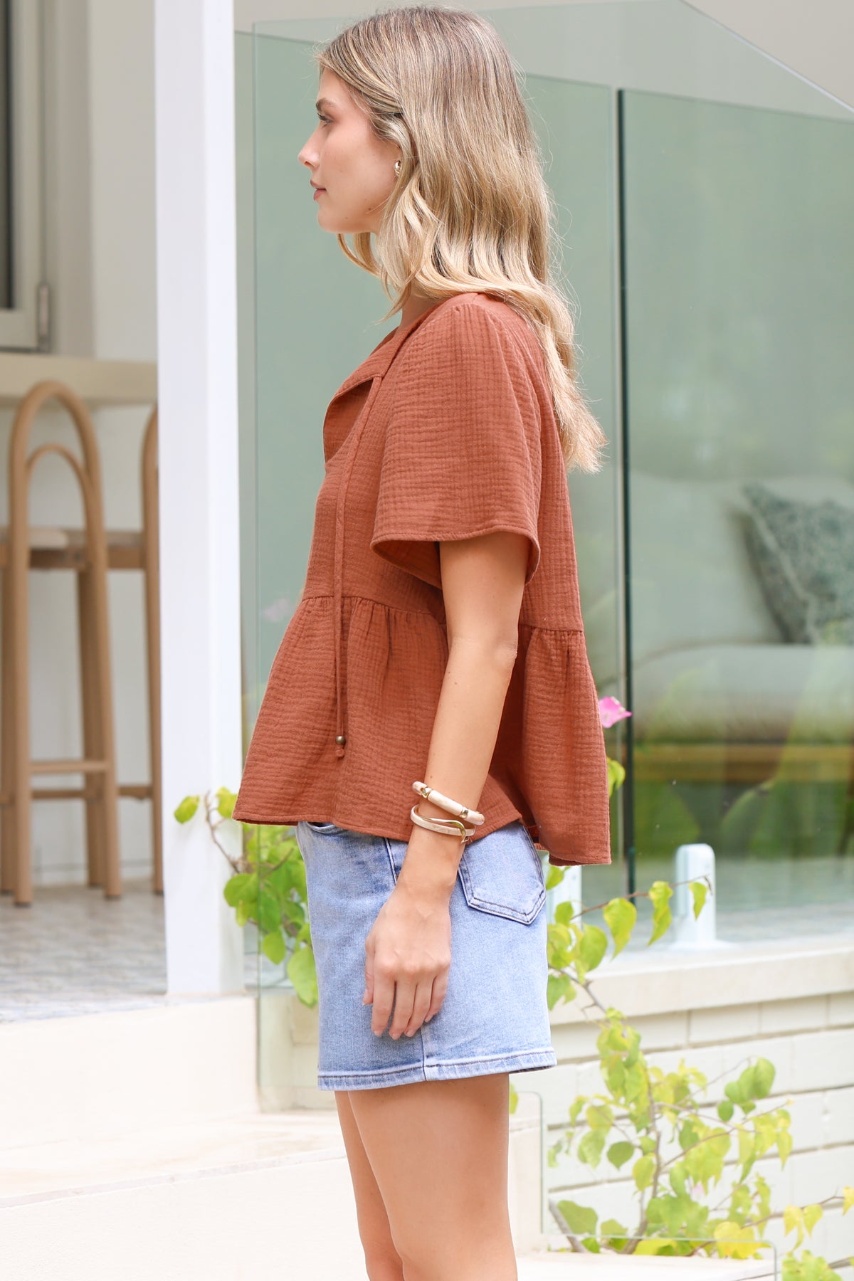 Bellina Top - Split Tie Neckline Babydoll Top with Short Sleeves in Clay