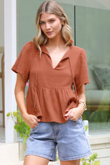 Bellina Top - Split Tie Neckline Babydoll Top with Short Sleeves in Clay