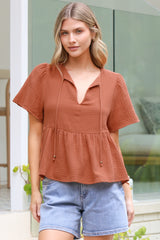 Bellina Top - Split Tie Neckline Babydoll Top with Short Sleeves in Clay