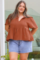 Bellina Top - Split Tie Neckline Babydoll Top with Short Sleeves in Clay