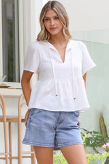 Bellina Top - Split Tie Neckline Babydoll Top with Short Sleeves in White
