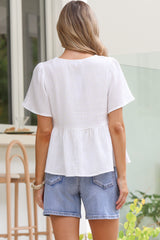 Bellina Top - Split Tie Neckline Babydoll Top with Short Sleeves in White