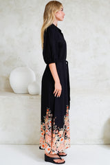 Bellini Midi Dress - Collared Shirt Dress with Waist Tie in Florence Print Black