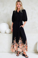 Bellini Midi Dress - Collared Shirt Dress with Waist Tie in Florence Print Black