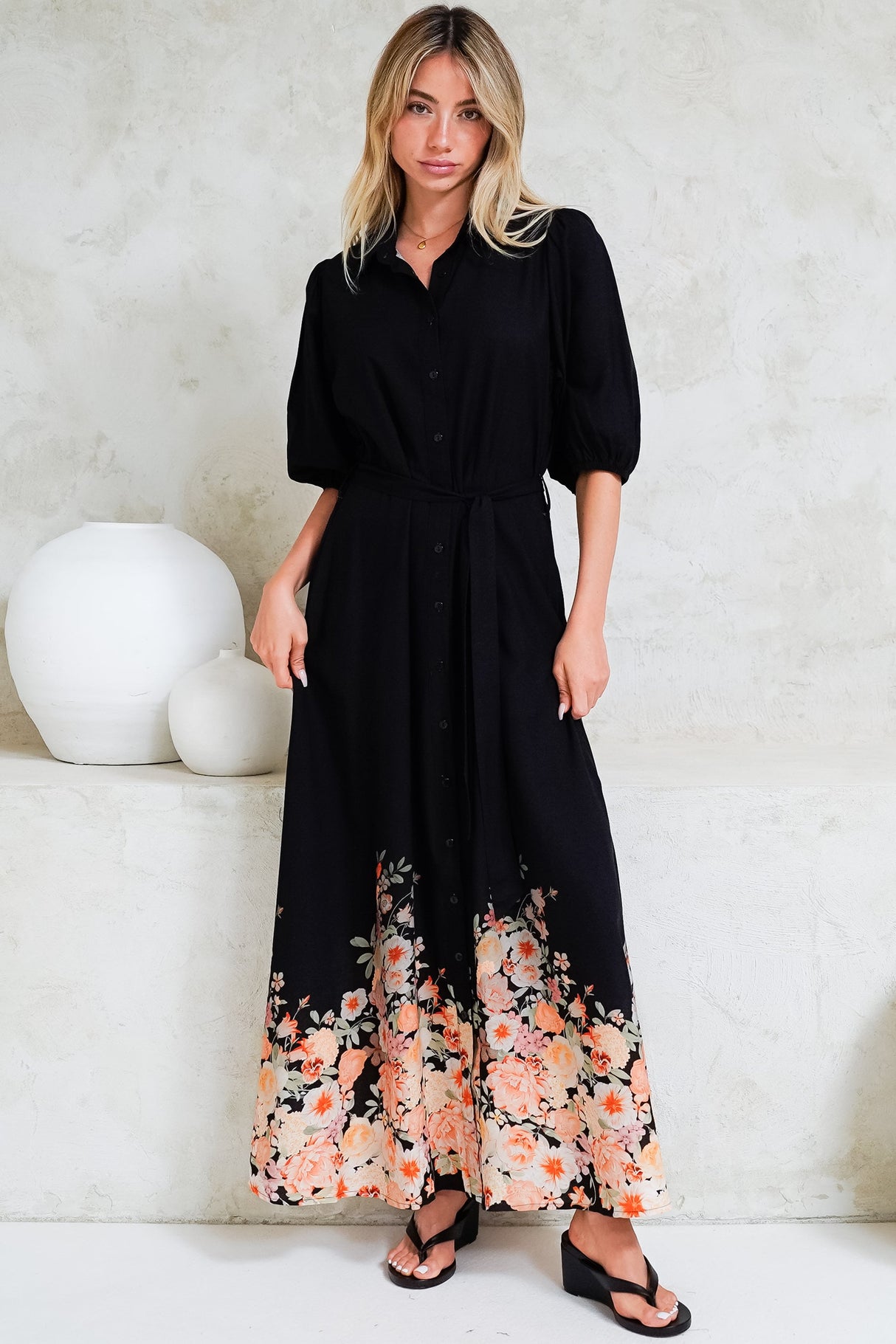 Bellini Midi Dress - Collared Shirt Dress with Waist Tie in Florence Print Black