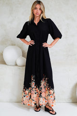 Bellini Midi Dress - Collared Shirt Dress with Waist Tie in Florence Print Black