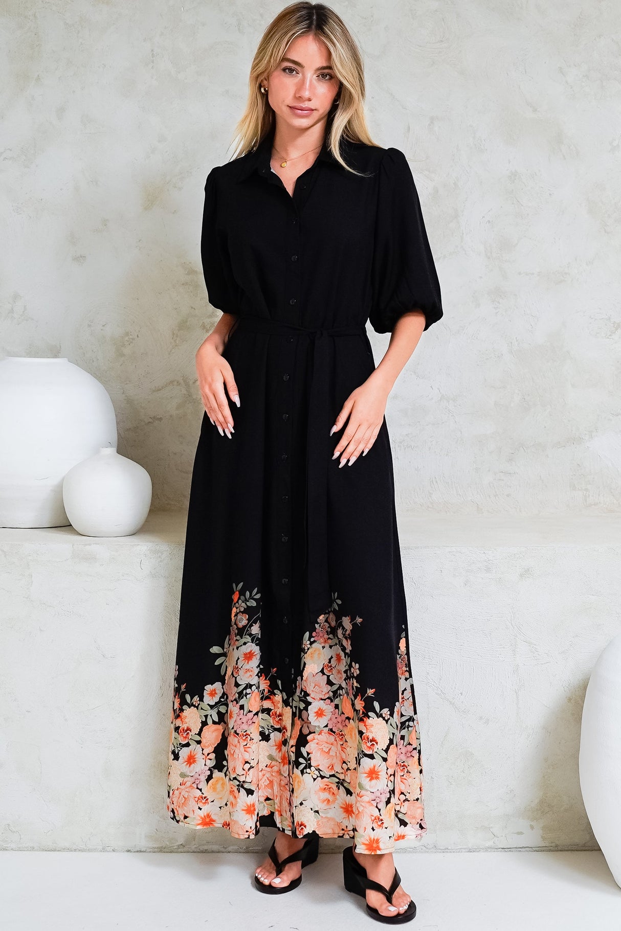 Bellini Midi Dress - Collared Shirt Dress with Waist Tie in Florence Print Black