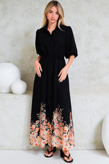 Bellini Midi Dress - Collared Shirt Dress with Waist Tie in Florence Print Black