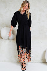 Bellini Midi Dress - Collared Shirt Dress with Waist Tie in Florence Print Black