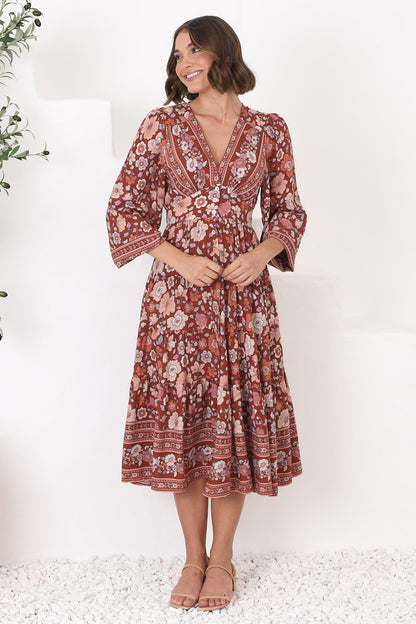 Bello Midi Dress - Button Through Dress with Balloon Sleeves in Anissa Print Rust