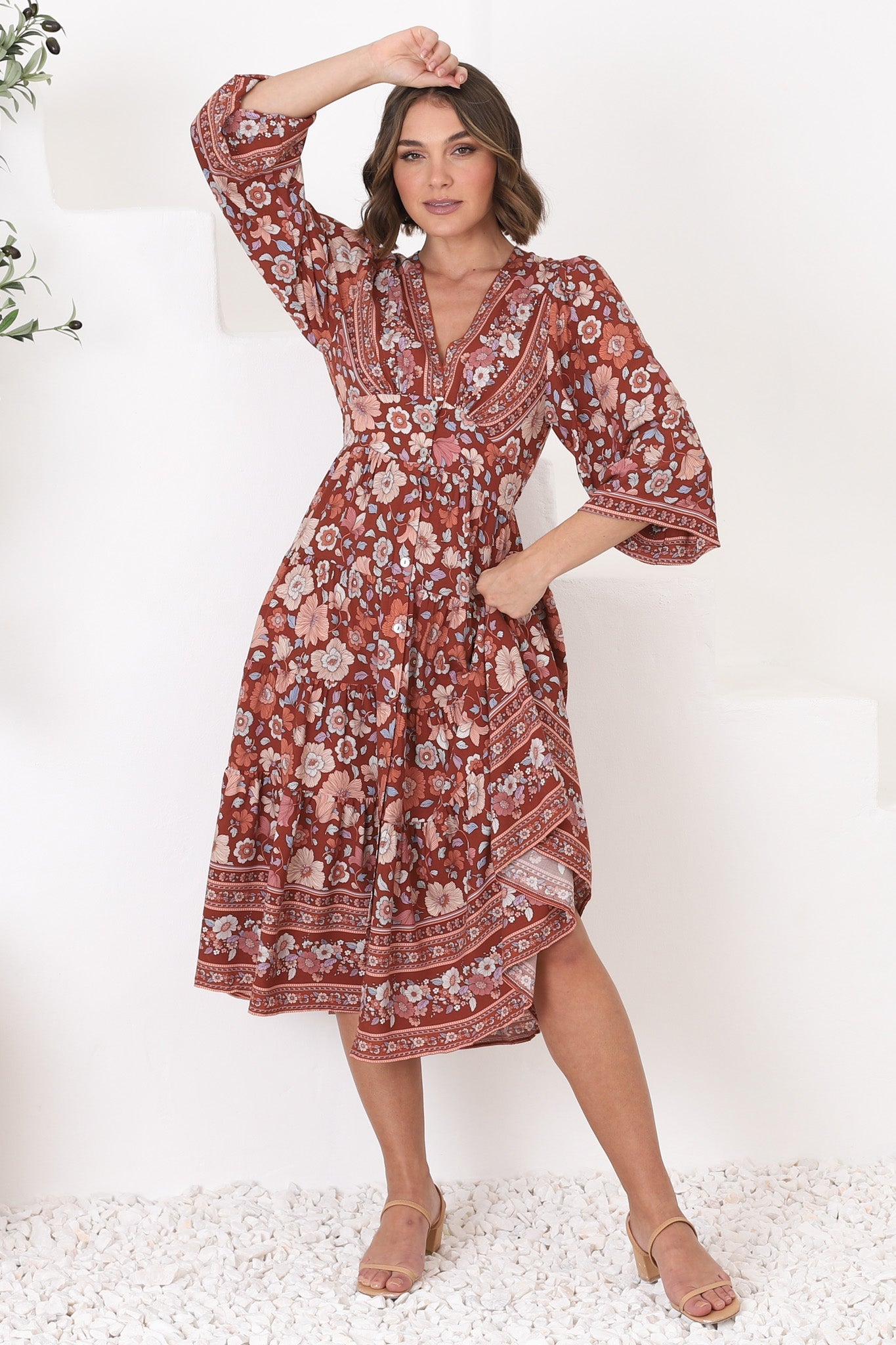 Bello Midi Dress - Button Through Dress with Balloon Sleeves in Anissa Print Rust