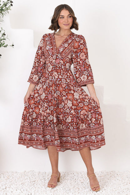 Bello Midi Dress - Button Through Dress with Balloon Sleeves in Anissa Print Rust