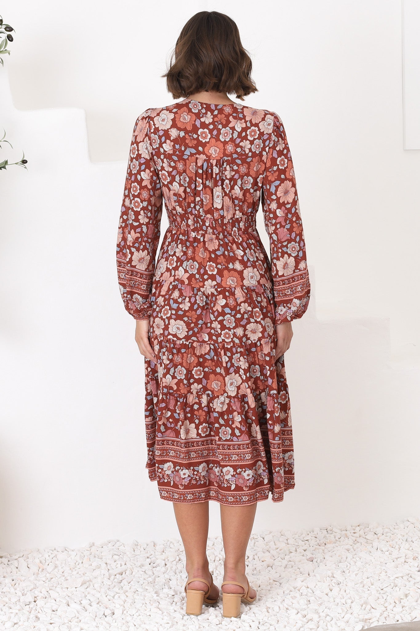 Bello Midi Dress - Button Through Dress with Balloon Sleeves in Anissa Print Rust